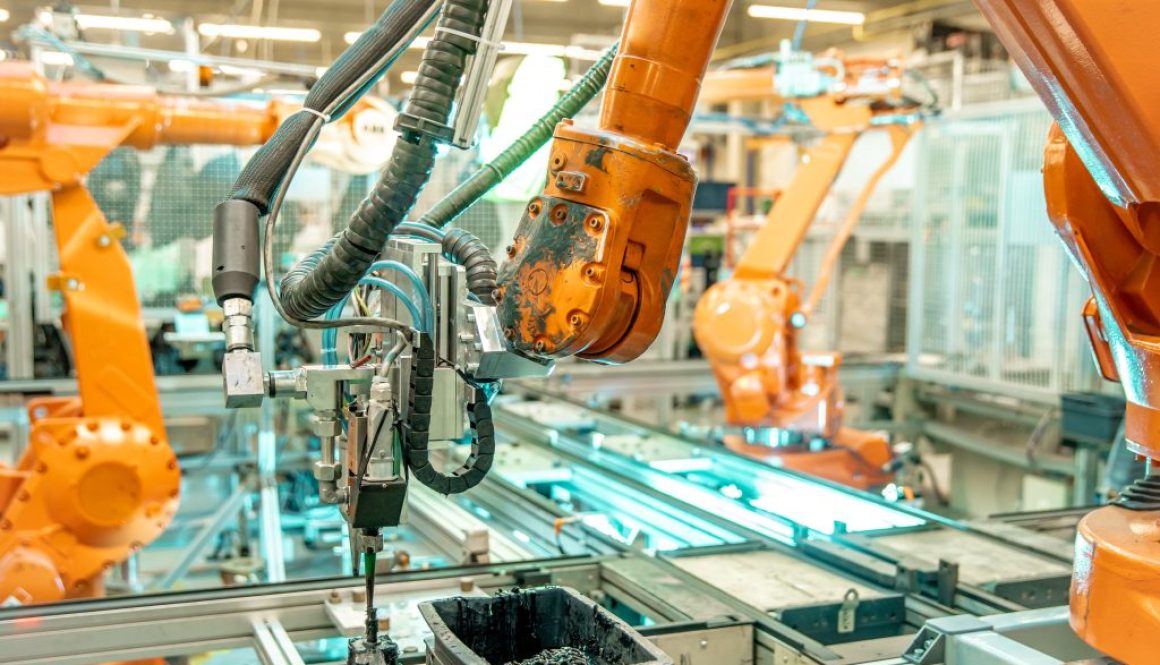 work of robot in factory. according to the "Industry 4.0" program. replacement of missing human resources in production. Solution of crisis shortage of workers