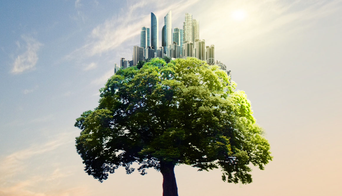 a tree with a city built on top to represent a Sustainable Future in the steel industry